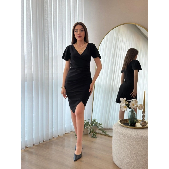 MARSiLYAN- Kadın Kısa Kollu Volanlı Kruvaze Yaka Yanlardan Büzgülü Ithal Krep Elbise