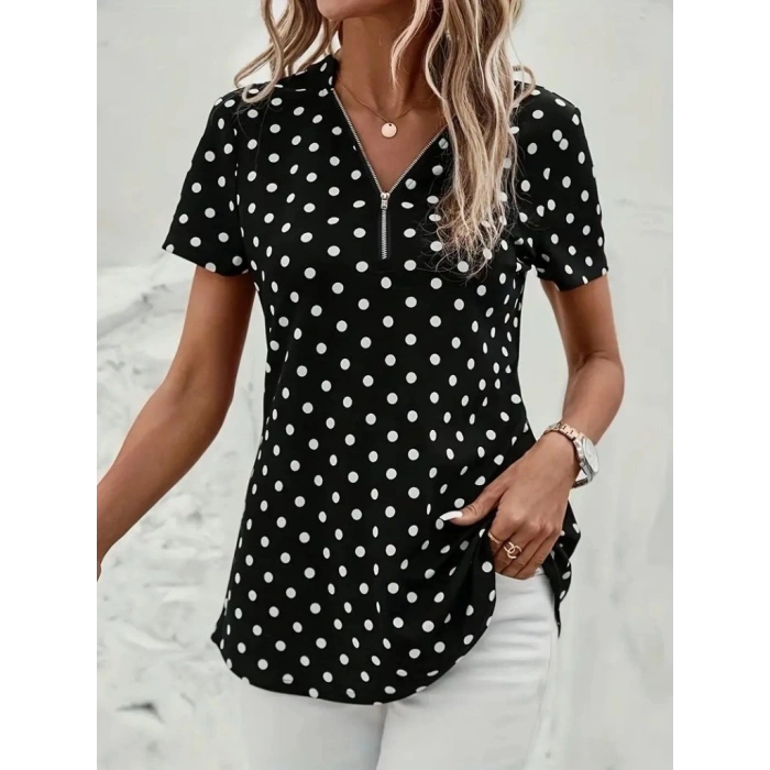 MARSiLYAN- Kadın Kısa Kollu Yakadan Fermuarlı Puantiyeli Uzun Dokuma Viskon Bluz