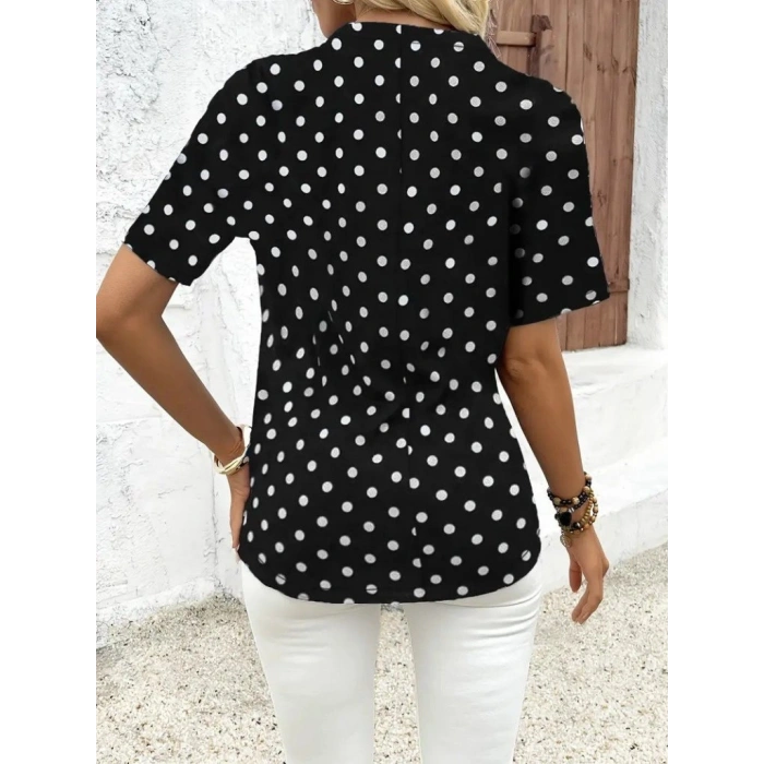 MARSiLYAN- Kadın Kısa Kollu Yakadan Fermuarlı Puantiyeli Uzun Dokuma Viskon Bluz