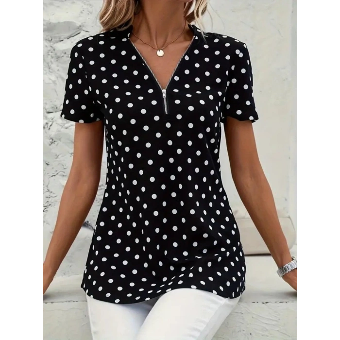 MARSiLYAN- Kadın Kısa Kollu Yakadan Fermuarlı Puantiyeli Uzun Dokuma Viskon Bluz