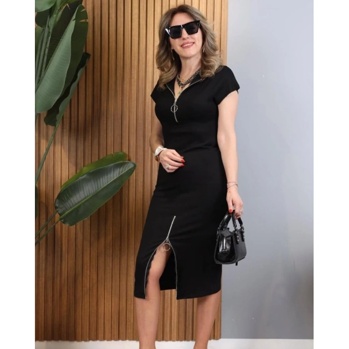 MARSiLYAN- Kadın Kısa Kollu Yakadan Ve Eteği Fermuarlı Viskon Iki Iplik Midi Elbise