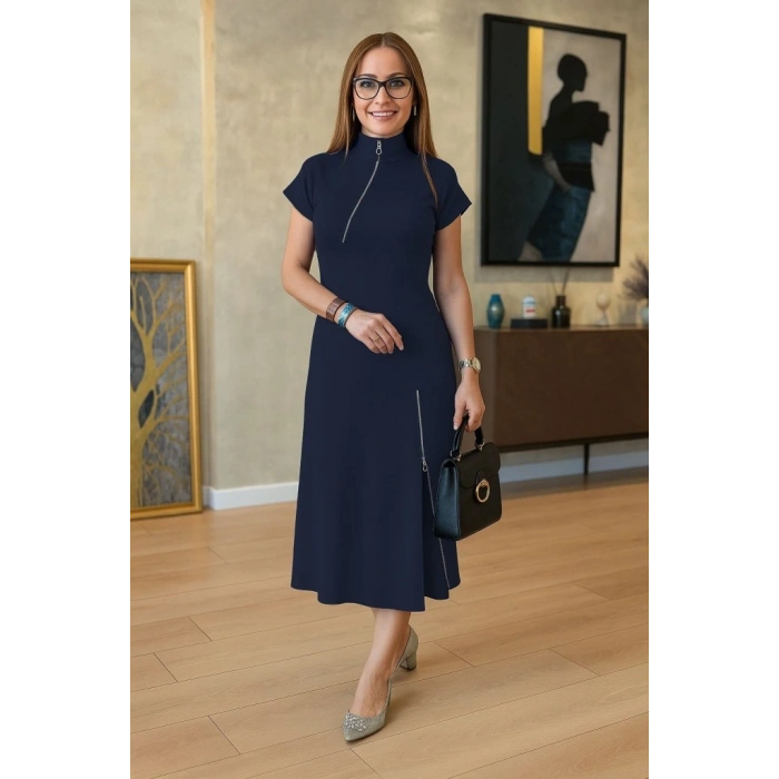 MARSiLYAN- Kadın Kısa Kollu Yakadan Ve Etekten Fermuarlı Midi Viskon Iki Iplik Elbise