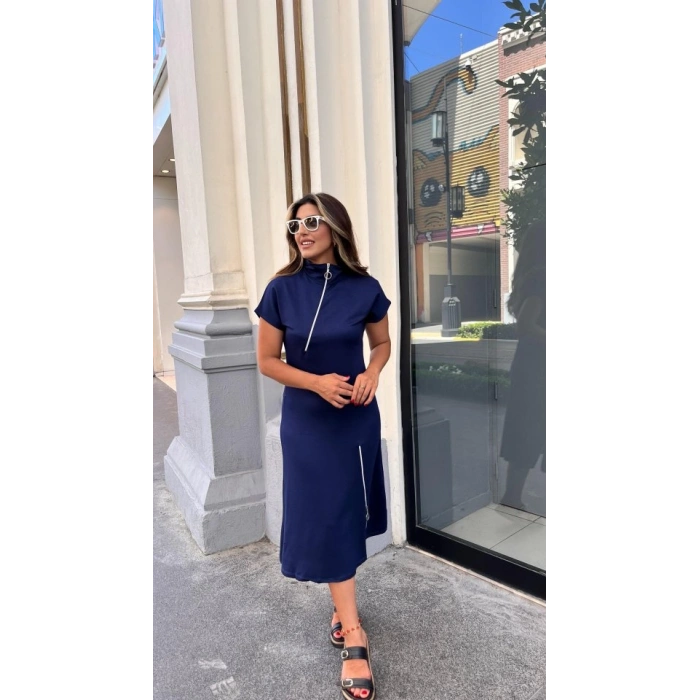 MARSiLYAN- Kadın Kısa Kollu Yakadan Ve Etekten Fermuarlı Midi Viskon Iki Iplik Elbise