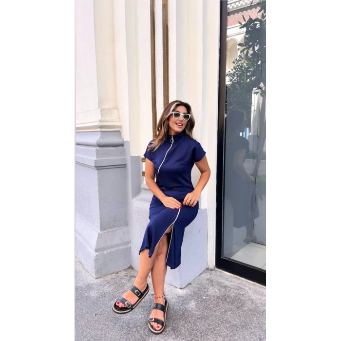 MARSiLYAN- Kadın Kısa Kollu Yakadan Ve Etekten Fermuarlı Midi Viskon Iki Iplik Elbise