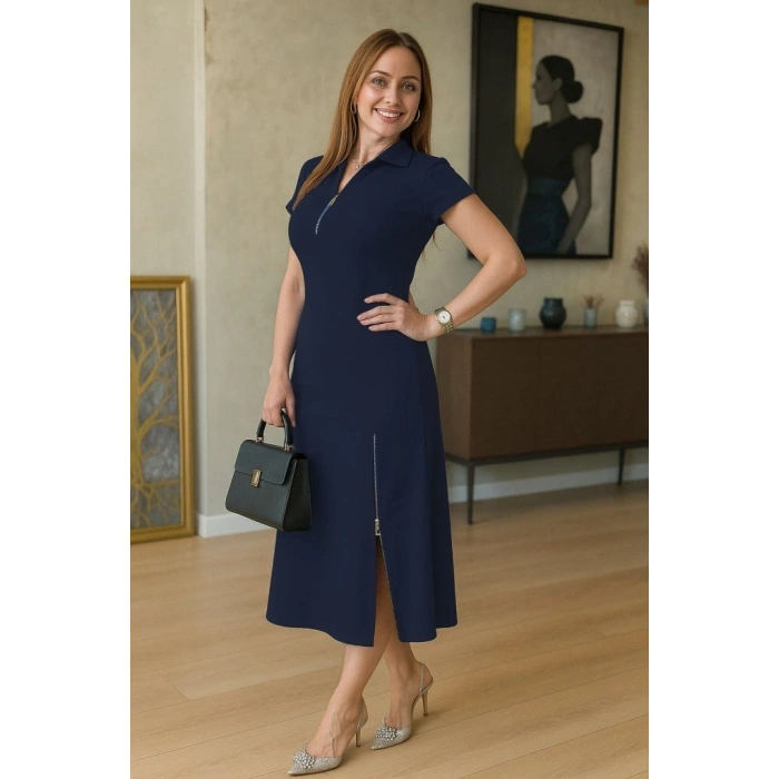 MARSiLYAN- Kadın Kısa Kollu Yakadan Ve Etekten Fermuarlı Midi Viskon Iki Iplik Elbise