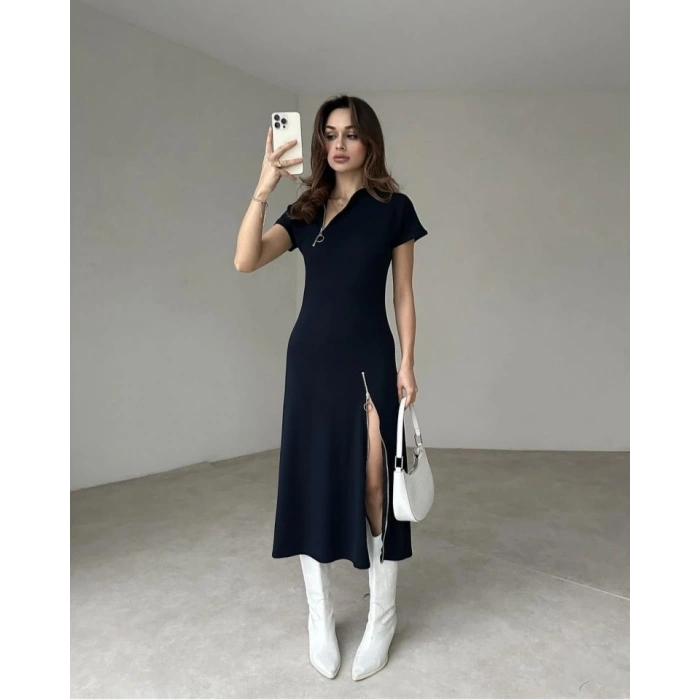 MARSiLYAN- Kadın Kısa Kollu Yakadan Ve Etekten Fermuarlı Midi Viskon Iki Iplik Elbise