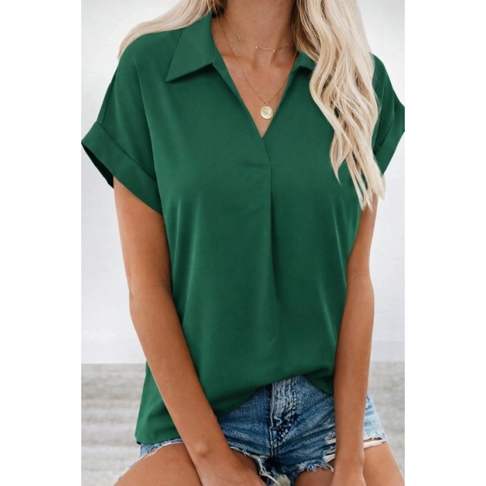 MARSiLYAN- Kadın Kısa Kollu Yakalı Dokuma Viskon Bluz