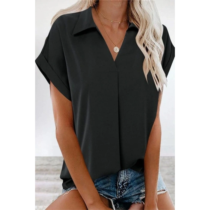 MARSiLYAN- Kadın Kısa Kollu Yakalı Dokuma Viskon Bluz