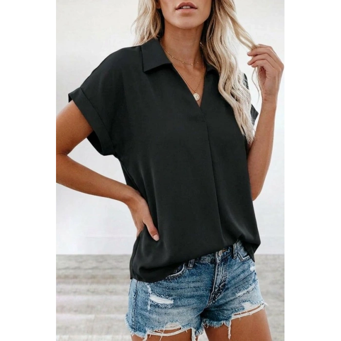 MARSiLYAN- Kadın Kısa Kollu Yakalı Dokuma Viskon Bluz