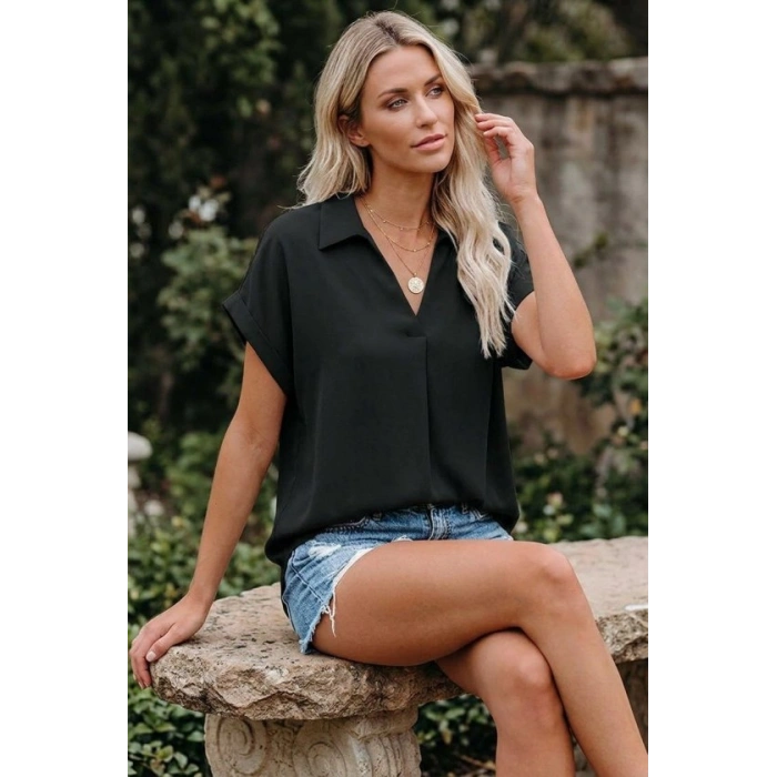 MARSiLYAN- Kadın Kısa Kollu Yakalı Dokuma Viskon Bluz