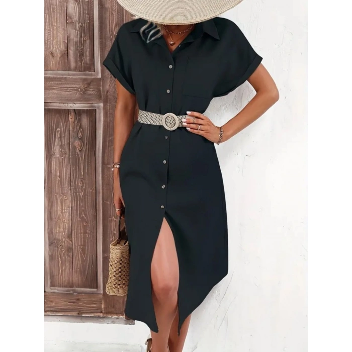 MARSiLYAN- Kadın Kısa Kollu Yakalı Düğme Detay Midi Dokuma Elbise