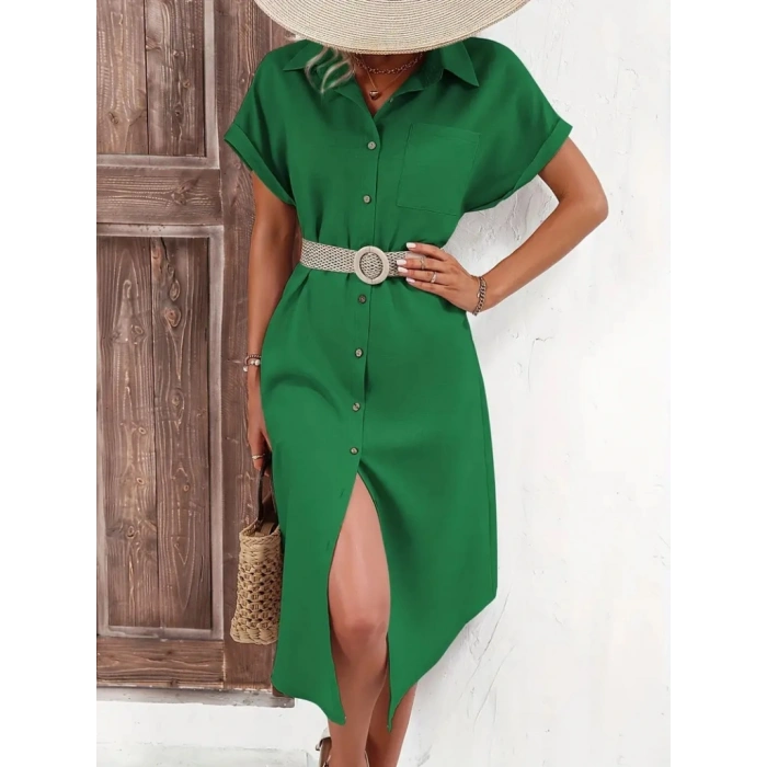 MARSiLYAN- Kadın Kısa Kollu Yakalı Düğme Detay Midi Dokuma Elbise