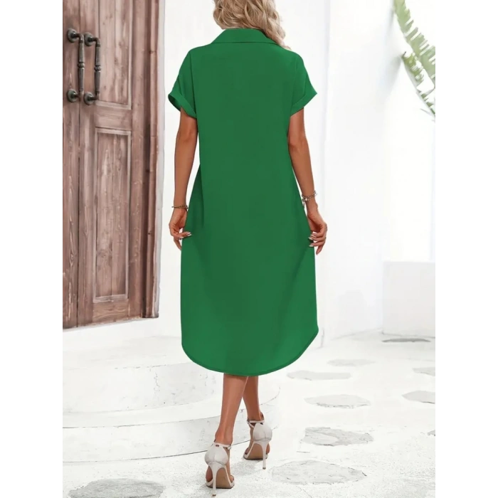 MARSiLYAN- Kadın Kısa Kollu Yakalı Düğme Detay Midi Dokuma Elbise