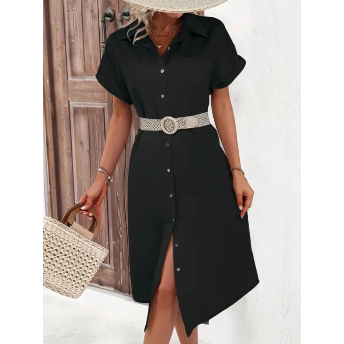 MARSiLYAN- Kadın Kısa Kollu Yakalı Düğme Detay Midi Dokuma Elbise