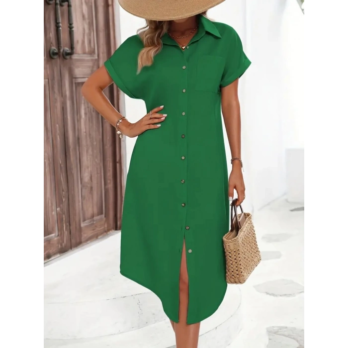 MARSiLYAN- Kadın Kısa Kollu Yakalı Düğme Detay Midi Dokuma Elbise