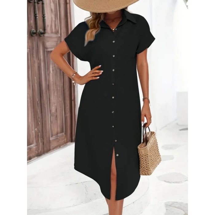 MARSiLYAN- Kadın Kısa Kollu Yakalı Düğme Detay Midi Dokuma Elbise