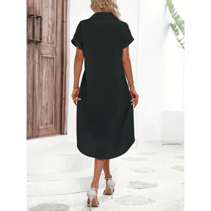 MARSiLYAN- Kadın Kısa Kollu Yakalı Düğme Detay Midi Dokuma Elbise