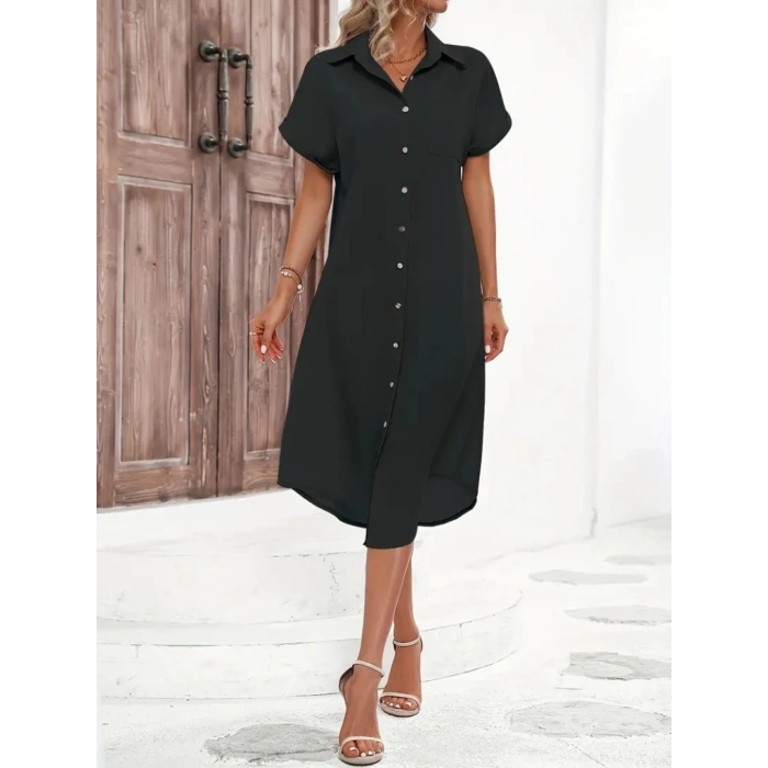 MARSiLYAN- Kadın Kısa Kollu Yakalı Düğme Detay Midi Dokuma Elbise