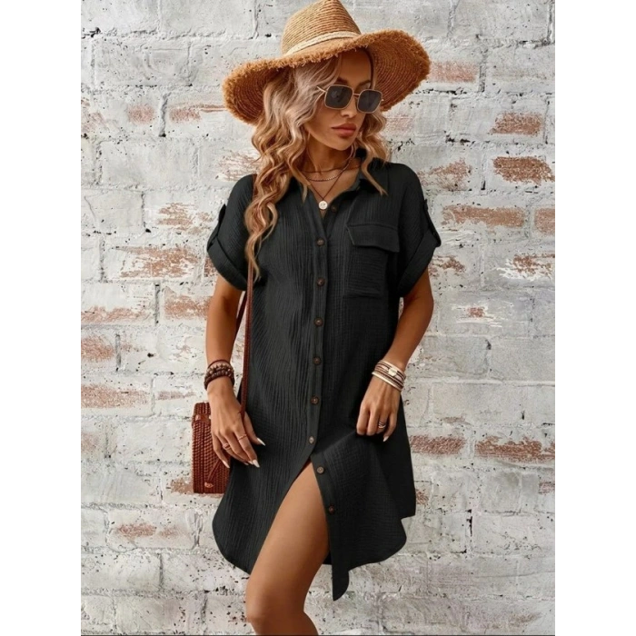 MARSiLYAN- Kadın Kısa Kollu Yakalı önden Düğmeli Bürümcük Kısa Elbise