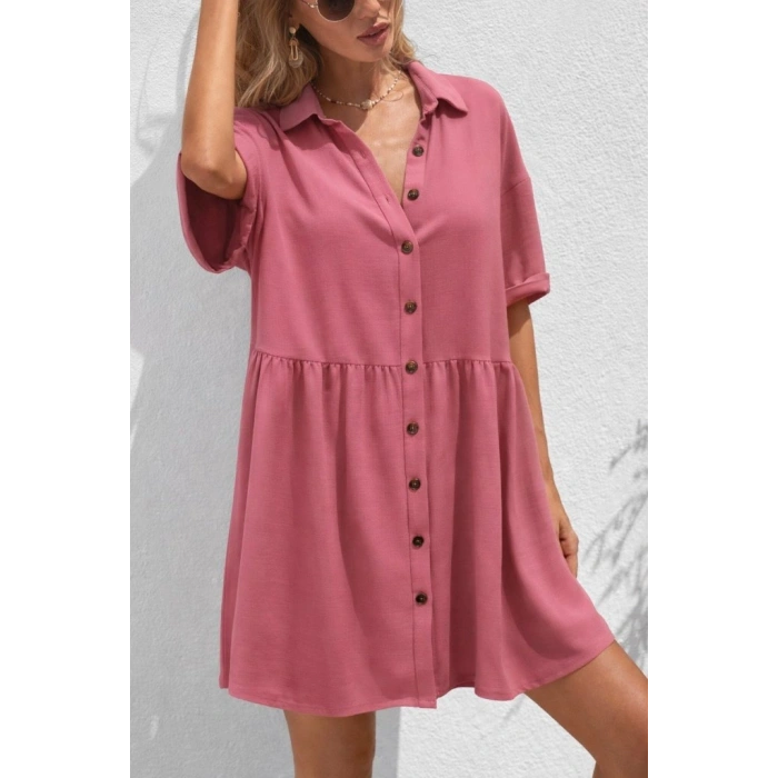 MARSiLYAN- Kadın Kısa Kollu Yakalı önden Düğmeli Kısa Bürümcük Elbise