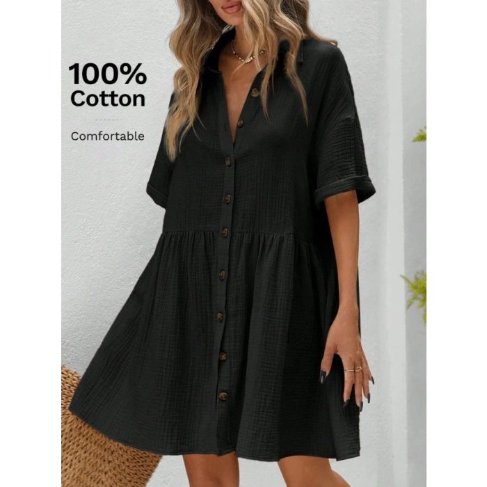 MARSiLYAN- Kadın Kısa Kollu Yakalı önden Düğmeli Kısa Bürümcük Elbise