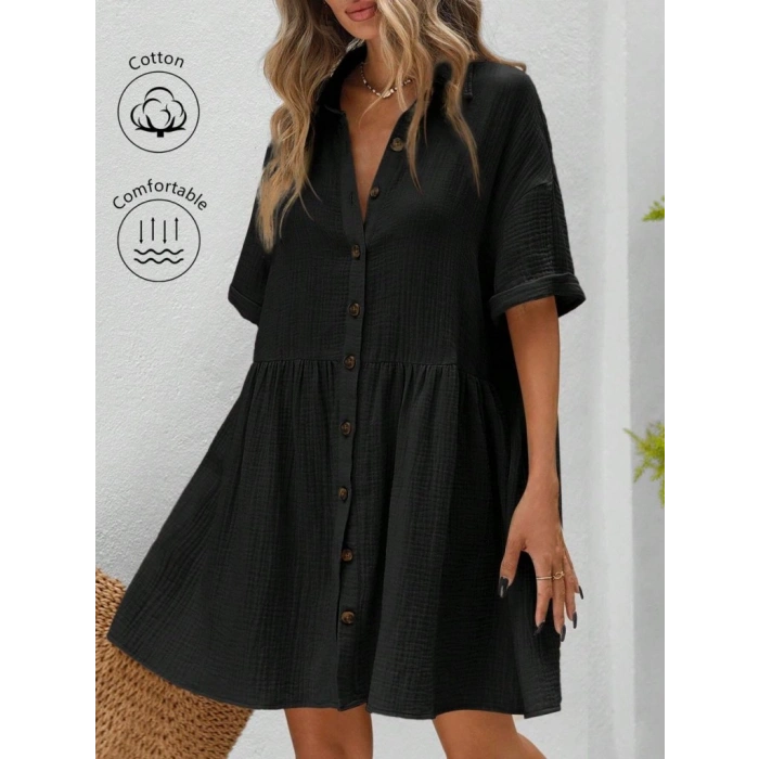 MARSiLYAN- Kadın Kısa Kollu Yakalı önden Düğmeli Kısa Bürümcük Elbise