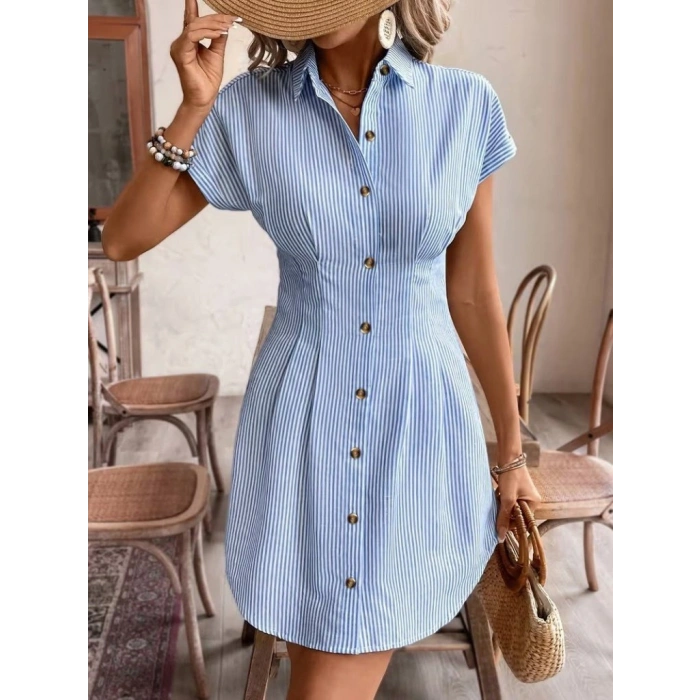 MARSiLYAN- Kadın Kısa Kollu Yakalı önden Düğmeli Kısa Trikoton Elbise