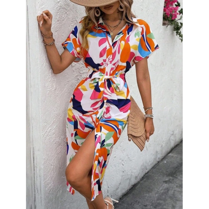 MARSiLYAN- Kadın Kısa Kollu Yakalı önü Düğmeli önden Drapeli Desenli Süprem Elbise