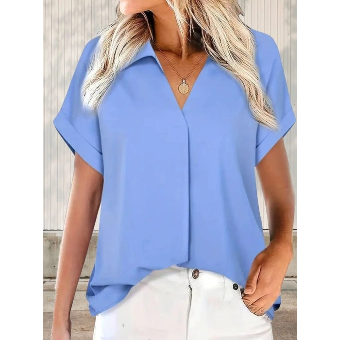 MARSiLYAN- Kadın Kısa Kollu Yakalı Uzun Sandy Bluz