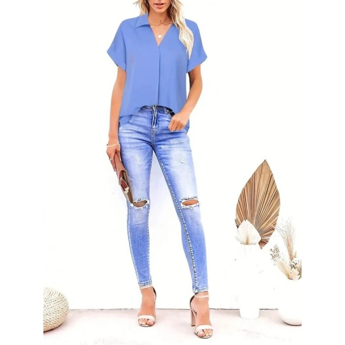 MARSiLYAN- Kadın Kısa Kollu Yakalı Uzun Sandy Bluz