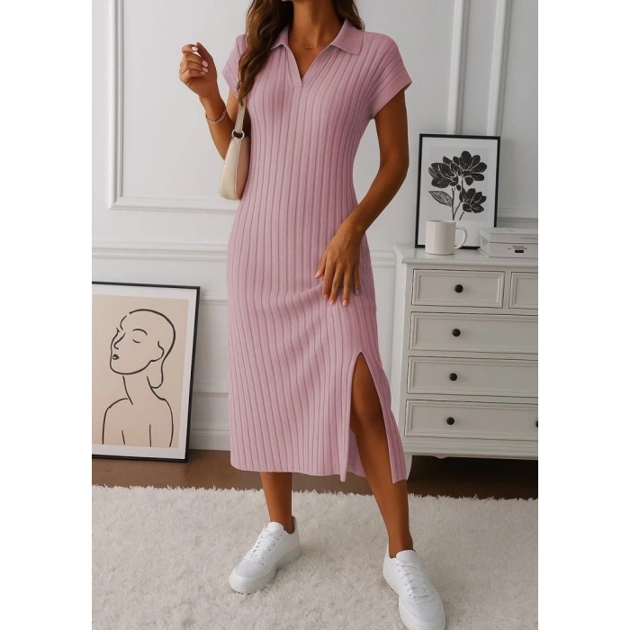 MARSiLYAN- Kadın Kısa Kollu Yakalı Yandan Yırtmaçlı Kalın Fitilli Kaşkorse Elbise