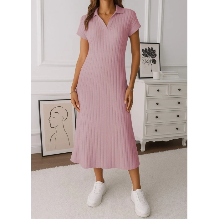 MARSiLYAN- Kadın Kısa Kollu Yakalı Yandan Yırtmaçlı Kalın Fitilli Kaşkorse Elbise