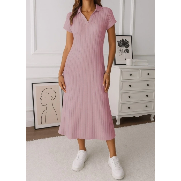 MARSiLYAN- Kadın Kısa Kollu Yakalı Yandan Yırtmaçlı Kalın Fitilli Kaşkorse Elbise