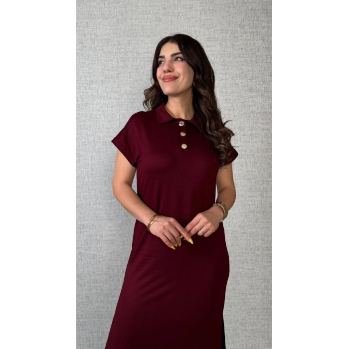 MARSiLYAN- Kadın Kısa Kollu Yakalı Yandan Yırtmaçlı Viskon Iki Iplik Elbise