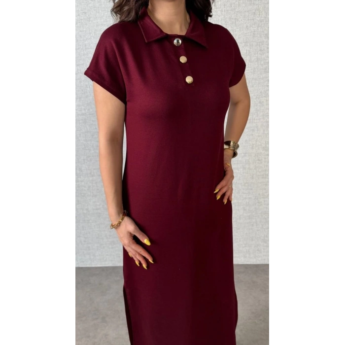 MARSiLYAN- Kadın Kısa Kollu Yakalı Yandan Yırtmaçlı Viskon Iki Iplik Elbise