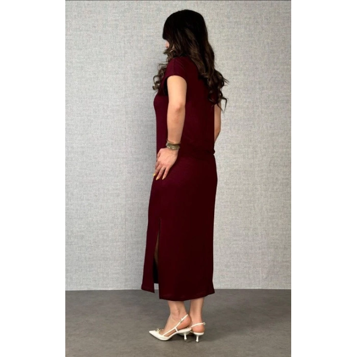 MARSiLYAN- Kadın Kısa Kollu Yakalı Yandan Yırtmaçlı Viskon Iki Iplik Elbise