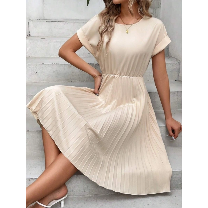 MARSiLYAN- Kadın Kısa Kollu Yakası Açık Belden Lastikli Pileli Kısa Ithal Krep Elbise