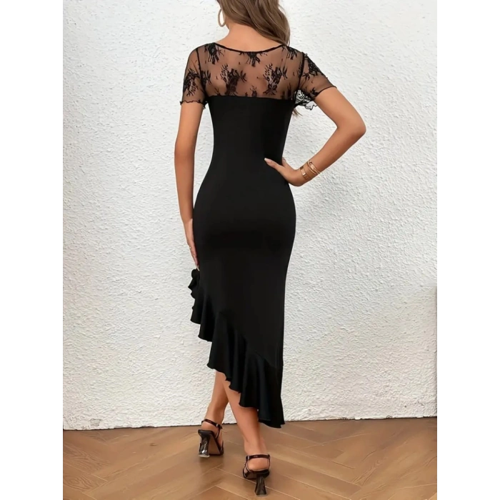 MARSiLYAN- Kadın Kısa Kollu Yakası Açık Dantel Detaylı Fırfırlı Asimetrik Janjan Krep Elbise