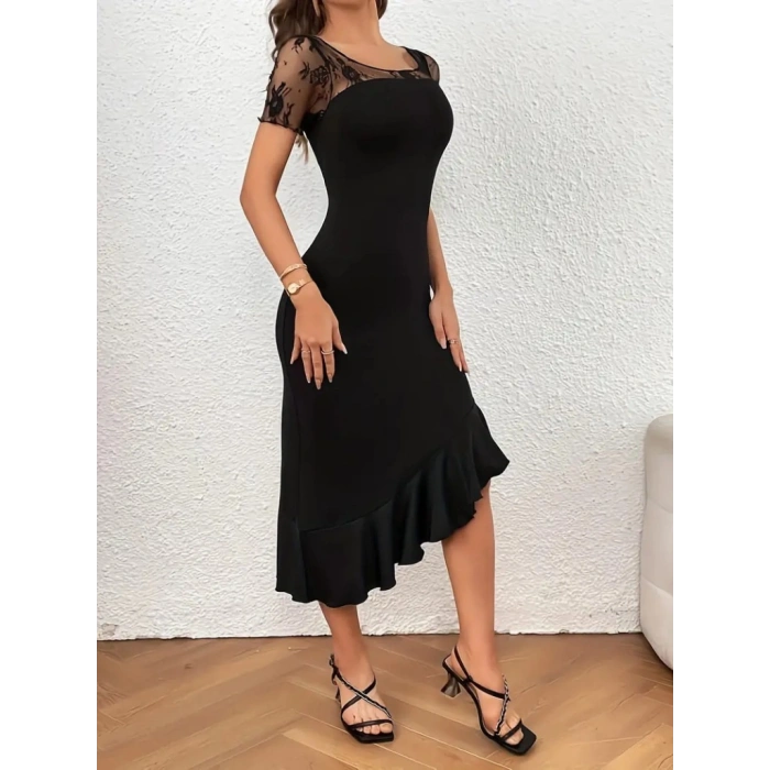 MARSiLYAN- Kadın Kısa Kollu Yakası Açık Dantel Detaylı Fırfırlı Asimetrik Janjan Krep Elbise