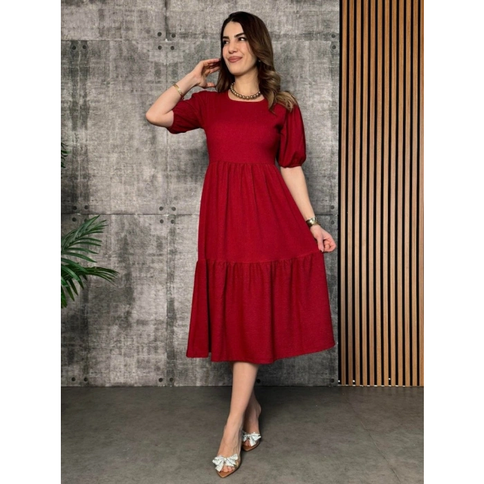 MARSiLYAN- Kadın Kısa Kollu Yakası Açık Katlı Bürümcük Balon Elbise