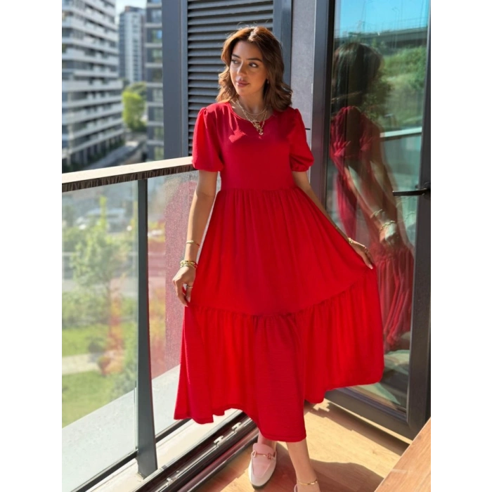 MARSiLYAN- Kadın Kısa Kollu Yakası Açık Katlı Bürümcük Balon Elbise