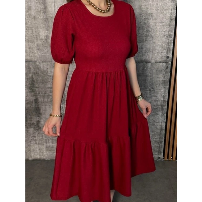 MARSiLYAN- Kadın Kısa Kollu Yakası Açık Katlı Bürümcük Balon Elbise