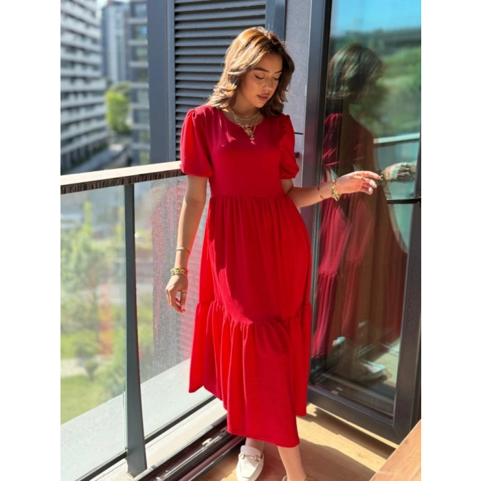 MARSiLYAN- Kadın Kısa Kollu Yakası Açık Katlı Bürümcük Balon Elbise