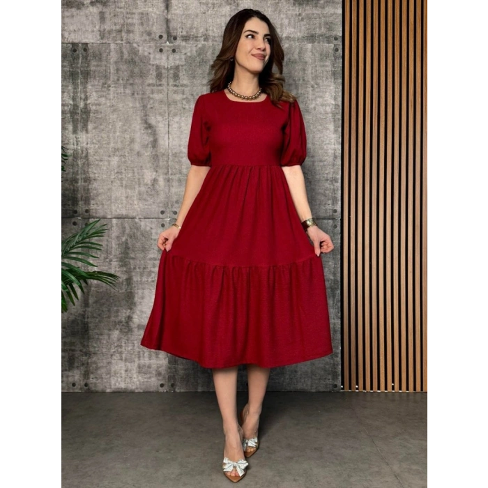 MARSiLYAN- Kadın Kısa Kollu Yakası Açık Katlı Bürümcük Balon Elbise