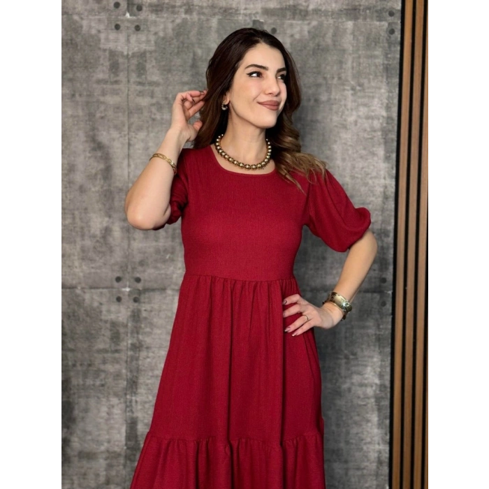 MARSiLYAN- Kadın Kısa Kollu Yakası Açık Katlı Bürümcük Balon Elbise