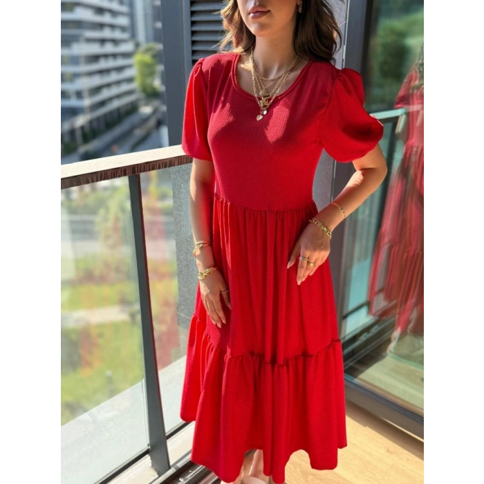 MARSiLYAN- Kadın Kısa Kollu Yakası Açık Katlı Bürümcük Balon Elbise