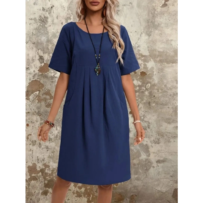 MARSiLYAN- Kadın Kısa Kollu Yakası Açık önden Büzgülü Cep Detaylı Viskon Iki Iplik Elbise