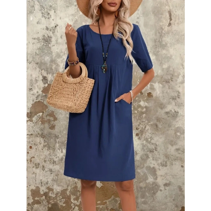 MARSiLYAN- Kadın Kısa Kollu Yakası Açık önden Büzgülü Cep Detaylı Viskon Iki Iplik Elbise