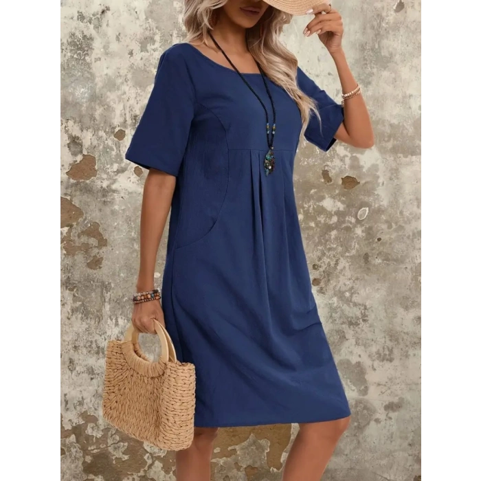 MARSiLYAN- Kadın Kısa Kollu Yakası Açık önden Büzgülü Cep Detaylı Viskon Iki Iplik Elbise