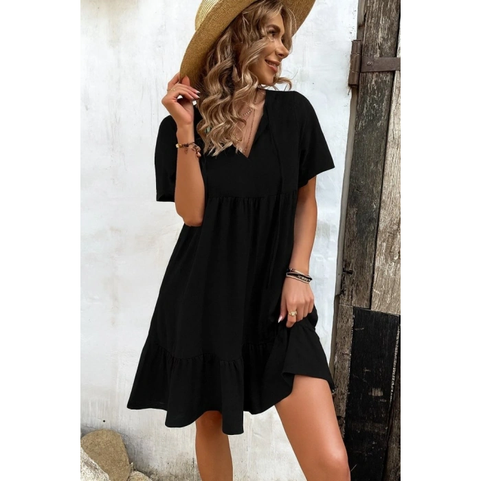 MARSiLYAN- Kadın Kısa Kollu Yakası Bağcıklı önden Düğmeli Fırfır Desenli Süprem Elbise